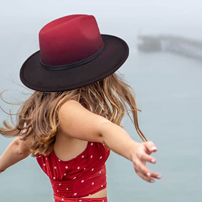 Women Gradient Color Fedora Wide Brim Felt Hat - color: Red/Black