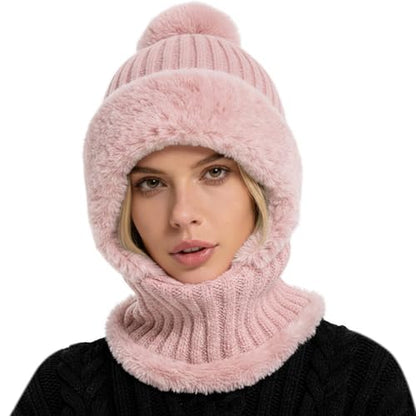 AQOKKA 3 in 1 Knit Fleece Lined Beanie Hat with Scarf and Mask Warm - color: Pink