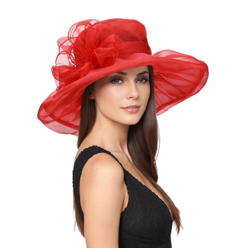 Zando 2026 Kentucky Hats Derby for Women Elegant Tea Party Hats Organza Victorian Church Wedding Fascinator Hat - color: Red