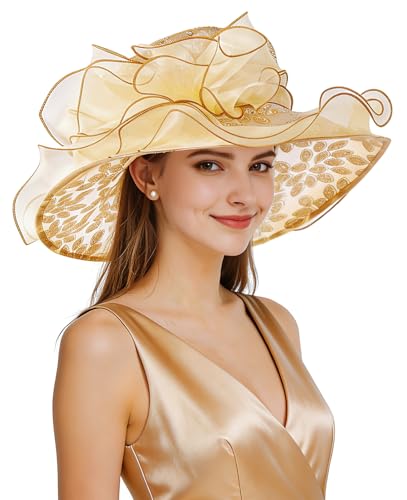 Z&X Organza Church Fascinator Wedding Tea Party Derby Hats for Women Flower Wide Brim Sun Hats - color: 01a Gold