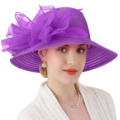 DRESHOW Lady Derby Dress Church Bowler Cloche Hat Bowknot Organza Bridal Cap for Wedding - color: 1 Pack Bowler Hat: Dark Purple
