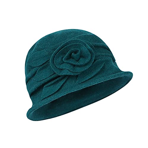 Wool Cloche Bucket Hat for Women 1920s Floral Bowler Cap Elegant Church Dress Cap Winter Warm Fedora Hat - color: Green