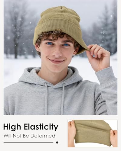 Century Star Men's Fleece-Lined Beanie Winter Knit Hat - Stretchable, Warm, Windproof, Unisex Cuffed Ski Cap for Sports - color: Khaki