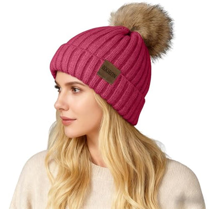 ZOORON Womens Winter Knitted Beanie Hat with Faux Fur Pom Beanie Warm Knit Skull Cap Beanie for Women - color: 1rose Red