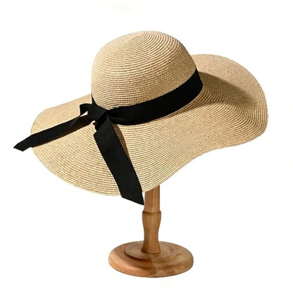 Women Wide Brim Sun Hat UPF50 Straw Summer Hat Foldable Packable Floppy Beach Hat UV Protection Boho Visor Fashion Outdoor for Beach Travel Vacation Khaki