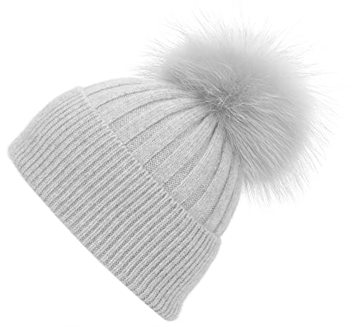 Women's Winter Ribbed Cuffed Beanie Skull Cap with Genuine Raccoon Fur Pom - color: Rc Grey