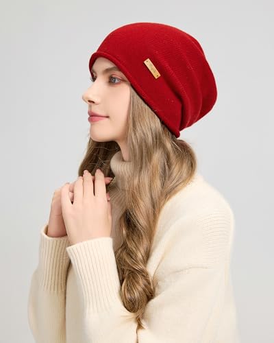 100% Merino Wool Slouchy Beanie Hat, Women Warm Winter Caps Soft, Ladies Breathable & Cozy Stretchy Knitted Skull Cap - color: Chili Red