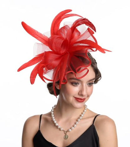 Women Fascinators Hats Flower Fascinators with Headband and Clip Tea Party Headwear for Women and Girls - color: N2-red