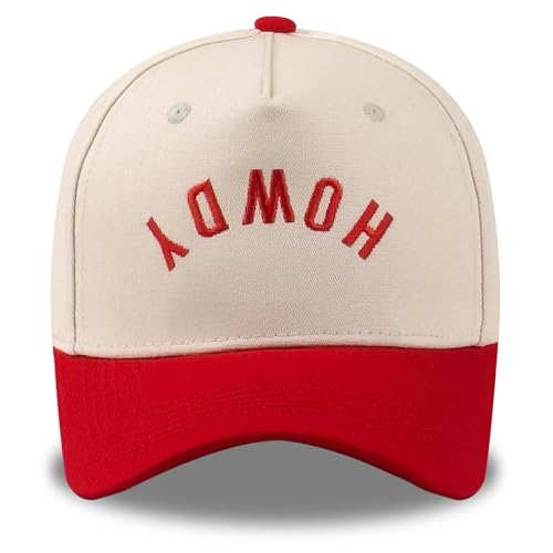 Funny Embroidered Trucker Hat, Vintage Two-Tone Cotton Baseball Cap for Men Women, Adjustable Dad Hat Gift Idea - color: Howdy (Upside Down), Red/Beige