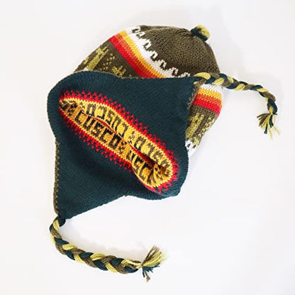 Alpaca Wool Blend Winter Hat Chullo Inca Peruvian Design Reversible with Earflaps. Beanie Medium Size. Unisex - color: Green Uniform/Green Pine