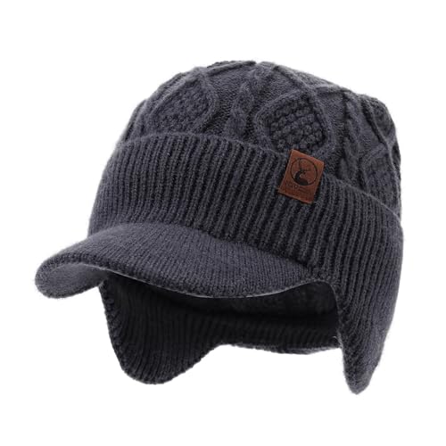 Winter Beanie with Brim Thick Fleece Knit Hat Short Brim Newsboy Hats Warm Earflaps Slouchy Skull Ski Caps - color: Mg-hem25107-grey