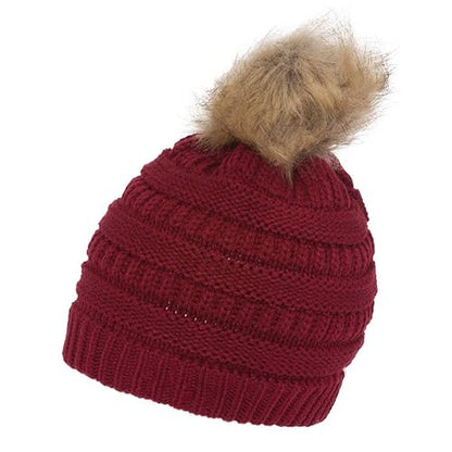 Gravity Threads Cable Knit Faux Fur Pom Pom Beanie Hat - color: Burgundy
