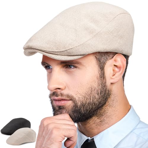 LADYBRO 2-Pack Unisex Flat Cap Newsboy Hats for Men Women Casual Adjustable - color: Black+ Beige