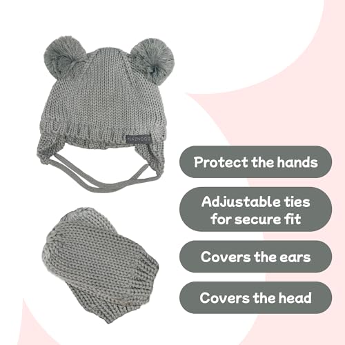 Knitted Colorful Double Pom-Pom Baby Hat and Mittens Set|Warm Winter Newborn Essentials for Boys and Girls 0-6 Months - color: Grey