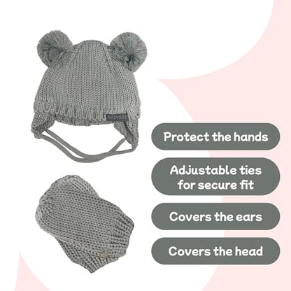 Knitted Colorful Double Pom-Pom Baby Hat and Mittens Set|Warm Winter Newborn Essentials for Boys and Girls 0-6 Months - color: Grey