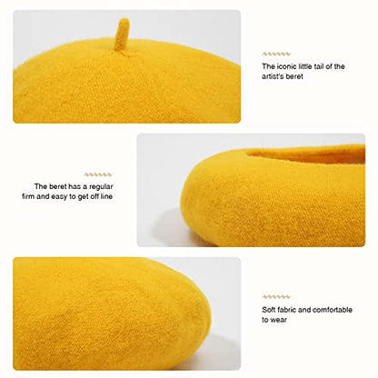 Women French Wool Beret Hats - Solid Color Classic Beanie Winter Cap - color: Yellow