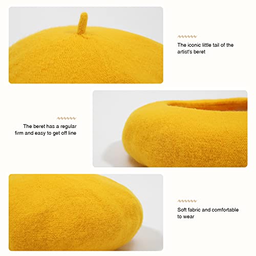 Women French Wool Beret Hats - Solid Color Classic Beanie Winter Cap - color: Yellow