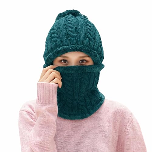 HUAMULAN Women Winter Knit Beanie Hats One Piece Fleece Lined Balaclavas - color: Teal