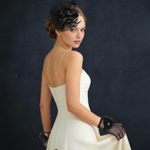 Fascinator Hat and Lace Gloves Set for Women Vintage Derby Tea Party Headpiece with Feather - color: Black