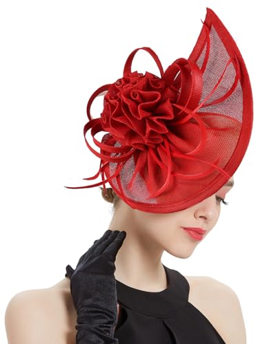 ORIDOOR Women Fascinators Derby Church Tea Party Wedding Flower Feathers Headpiece with Headband Clips - color: 21c Red