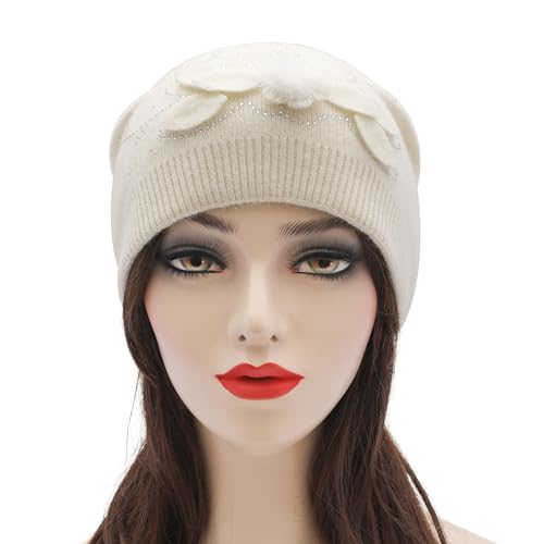 ZLYC Women Floral Slouchy Beanie Hat Double Layer Winter Knit Skull Cap - color: Small Pom Flowers White