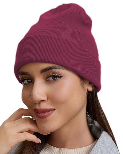vidsel 100% Cotton Beanie Hat-Unisex Winter Knit Cuffed Beanies Skull Cap - color: 1-wine Red