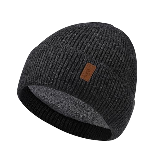 Winter Beanie for Men Women, Cuffed Knitted Fleece Lined Unisex Soft Warm Running Cycling Ski Hat Stocking Beanies Skull Cap - color: Black
