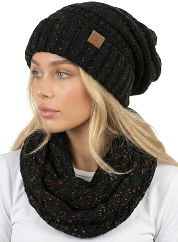 Funky Junque Slouchy Beanie & Infinity Scarf Gift Set – Matching Winter Accessories Sets for Women, Oversized Hat and Scarves - color: Black (Confetti)