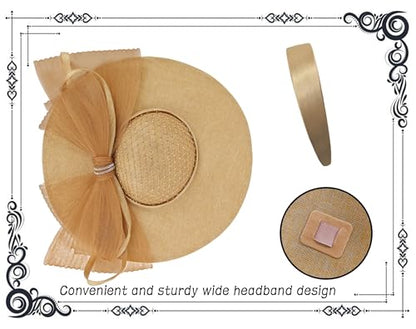 dressfan Wide Brim Fascinator Hats for Women,20s Linen Rhinestones Bow Big Hat for Derby Church Wedding Tea Party - color: Khaki