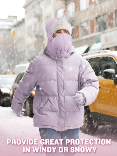 Winter Trapper Hat for Women - Windproof & Waterproof Hat with Removable Mask Goggles Ear Flaps, Purple