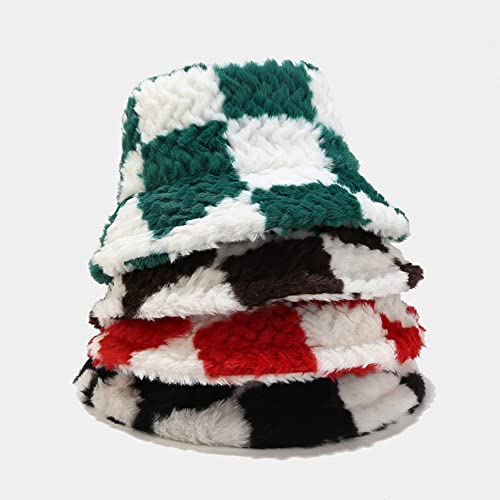 Dirholl Women's Winter Faux Fur Fuzzy Warm Bucket Hat - color: Plaid Brown