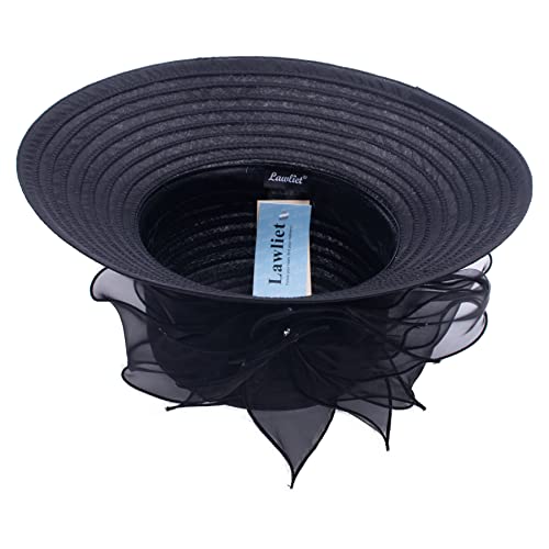 Womens Wedding Occasion Floral Wide Brim Church Dressy Sun Hat A323 - color: Black