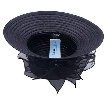 Womens Wedding Occasion Floral Wide Brim Church Dressy Sun Hat A323 - color: Black