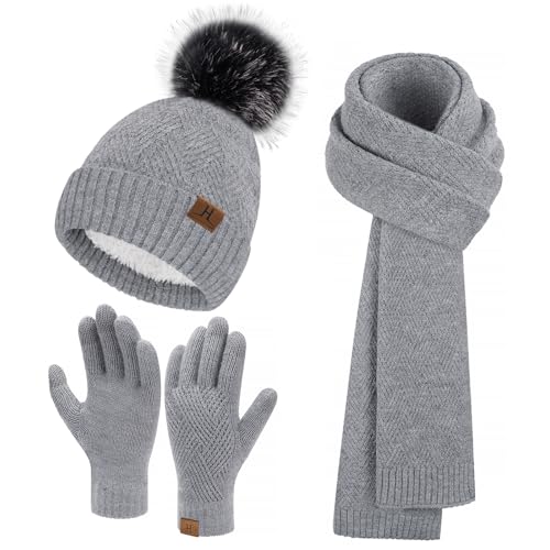 FZ FANTASTIC ZONE Women's Winter Warm Beanie Hats Scarf Touchscreen Gloves - color: Grey