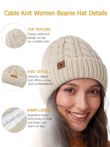 Winter Hats for Women Cable Knit Chunky Skull Cap Fleece Lined Thick Fold Cuff Beanie hat - color: Neutral Grey, style: Cross Jacquard