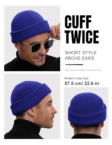 vidsel 50% Wool Double Cuff Beanie Hat for Men Women, Warm Winter Knit Cap - color: Blue