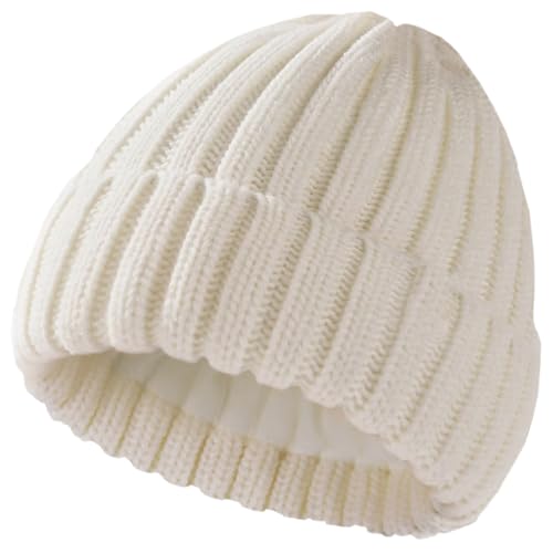 Fleece Lined Wool Beanie Hat Women Men,Winter Knit Chunky Snow Cap - color: 1-beige
