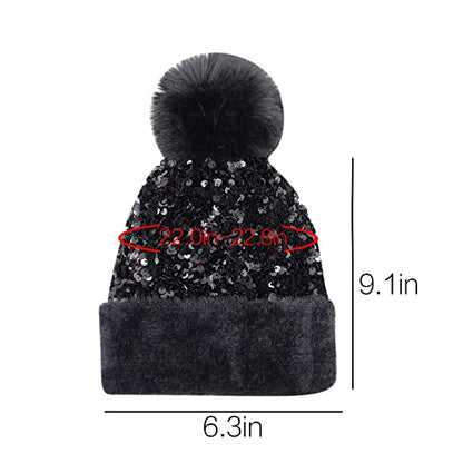 Women Sparkly Sequins Knitted Beanie Hat Warm Winter Skull Cap with Faux Fur Pom Pom - color: Black