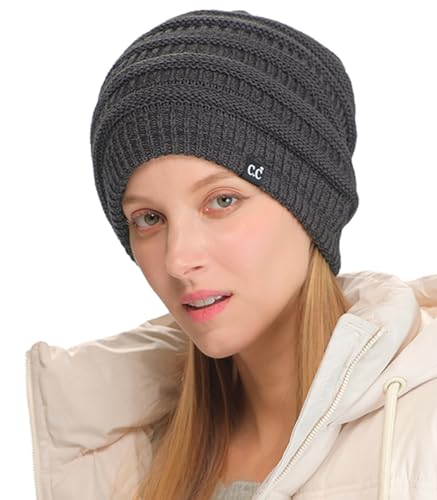 C.C Beanie Oversized Hat with Fuzzy Lining – Thick Knit Thermal Beanie for Cold Weather, Soft Warm Fleece Lined Cap - color: Charcoal Grey