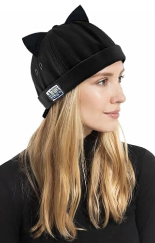 XYIYI Women Cat Ears Hat Cute Docker Cap Brimless Skullcap Sailor Cap Rolled Cuff Retro Beanie Hat - color: Retro Black