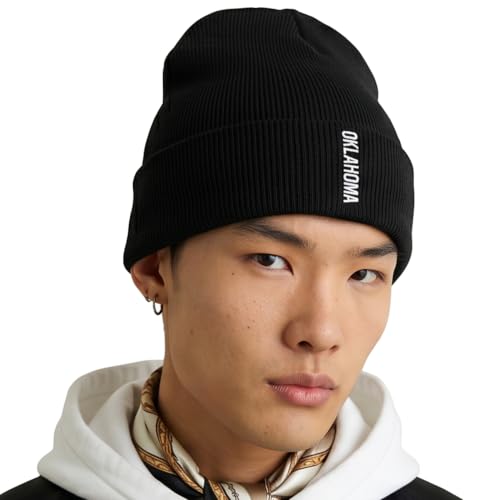 Daxton Vertical USA Cities Cuffed Beanie, Winter Knit Hat Skully Cap for Men Women, City Pride Daily Headwear - color: Oklahoma Black White