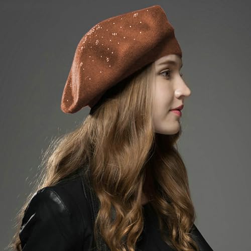 Sumolux Women Beret Hat French Beret Beanie Cap Classic Solid Color - color: Caramel, size: Large