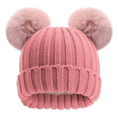 Toddler Winter Knit Hat Upgrade Fleece Lined Pompom Ears Beanies Cap for Boys Girls 3-12 Years - color: Dark Pink