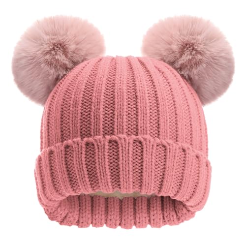 Toddler Winter Knit Hat Upgrade Fleece Lined Pompom Ears Beanies Cap for Boys Girls 3-12 Years - color: Dark Pink