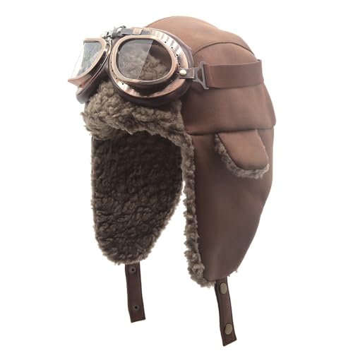 Adults Vintage Aviator Hat Trapper Cap - color: Brown Hat+clear Lenses