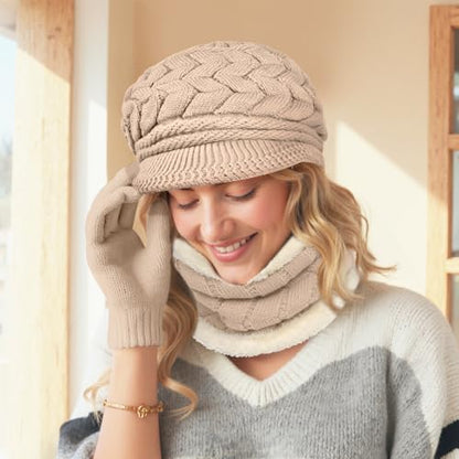 Loritta 3 in 1 Womens Winter Hat Gloves Scarf Set, Warm Hat Mittens - color: Khaki