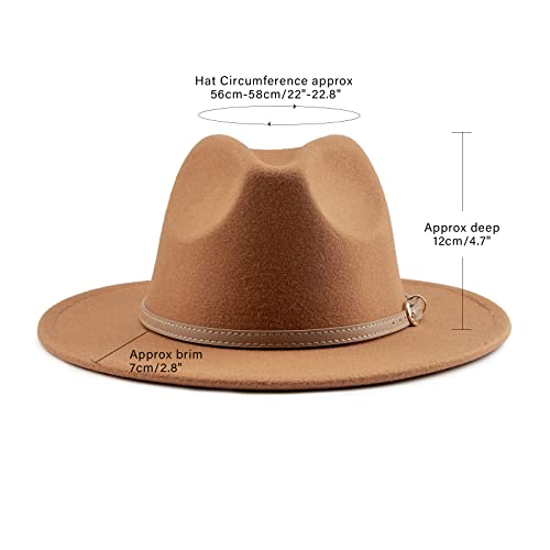 DRESHOW Women Classic Felt Fedora Wide Brim Floppy with Belt Buckle Panama Hat - color: Khaki (Khaki Belt)
