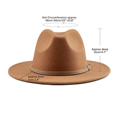 DRESHOW Women Classic Felt Fedora Wide Brim Floppy with Belt Buckle Panama Hat - color: Khaki (Khaki Belt)
