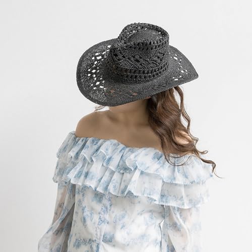 Lifup Straw Cowboy Sun Hats for Women, Western Cowgirl Hats - color: Black