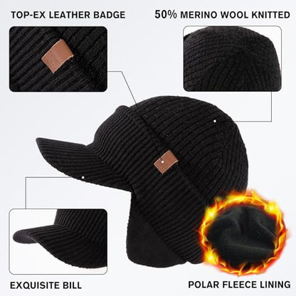 TOP-EX DryKnit™ 50% Merino Wool Waterproof Brim Beanie, Polartec™ Lined - color: Updated Earflap Style#black (Waterproof), size: Medium-Large